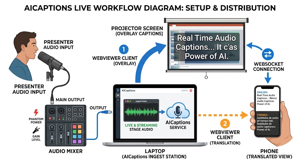 AICaptions Live Workflow Diagram